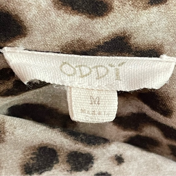 ODDI Leopard Print High-Low Tie Front Top Blouse M Tan Brown Roll Tab Sleeve - Picture 8 of 8